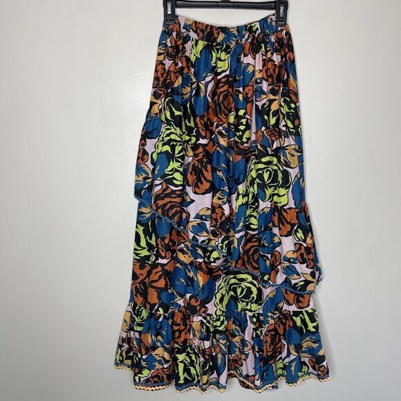 The ODELLS Paloma Skirt Womens Medium (*runs small) Floral Tiered Cotton Silk - Picture 6 of 12